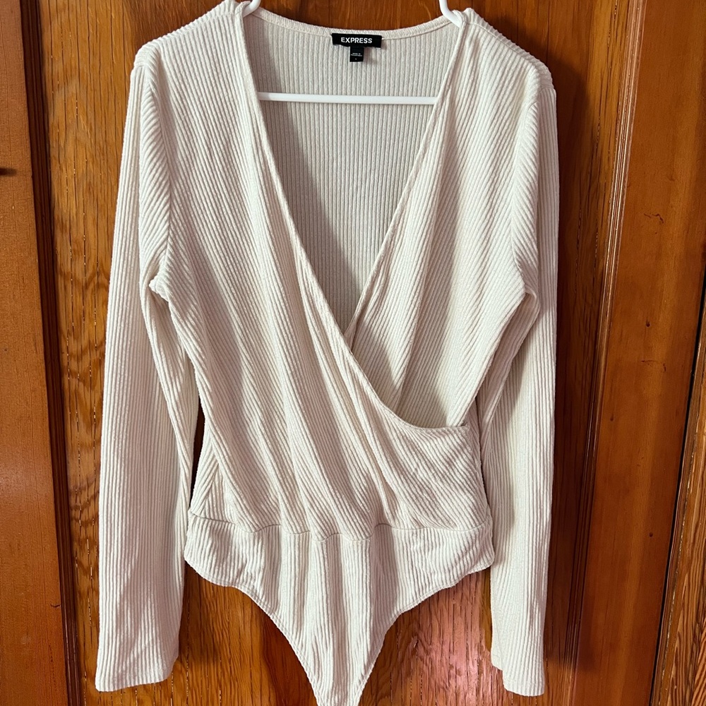 Express Cream Ribbed Wrap Top